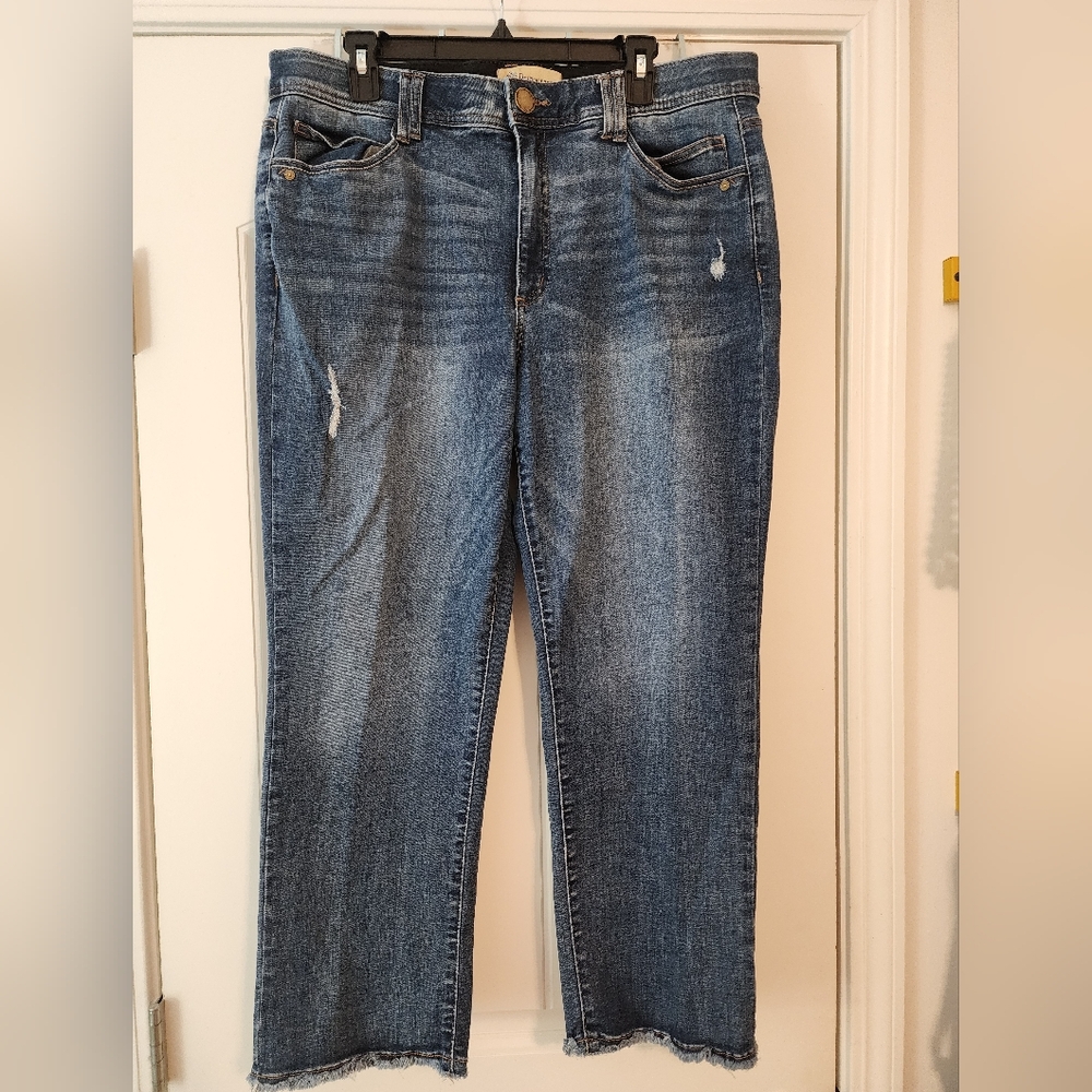 Democracy Women's Dark Wash Whiskered Distressed Raw Hem Blue Jeans Size 16